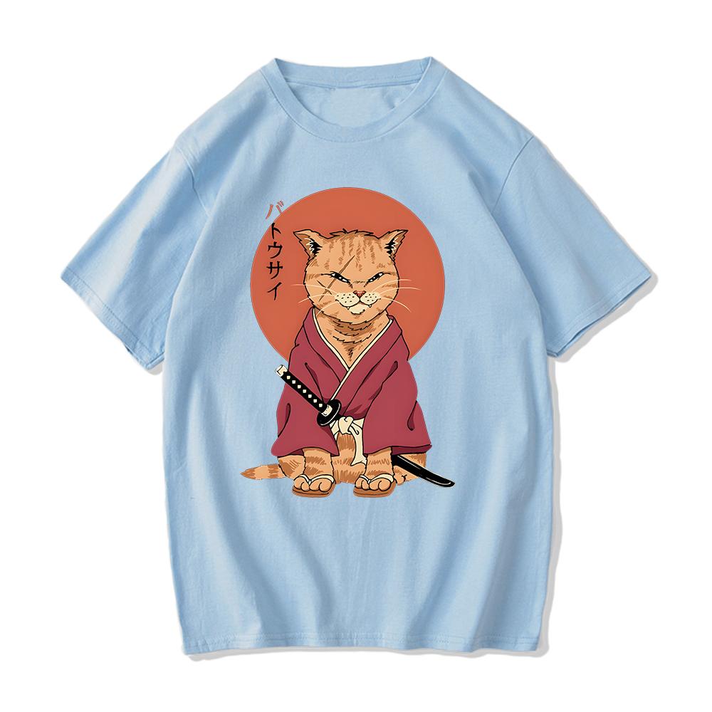 100% Cotton Tshirt Samurai Cat T Shirt Graphic Tees Mens Streetwear Spring and Summer O-neck T-shirt Cartoon Printing Tees-shirt