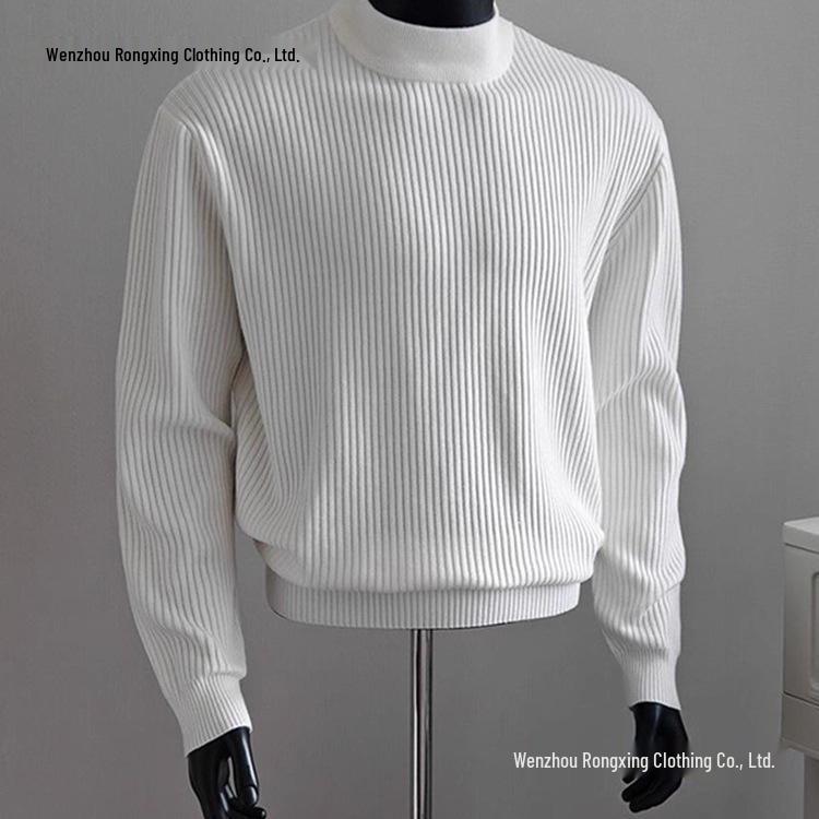 Herren Weißer Gerippter Rollkragenpullover - Herbst/Winter Lazy Style, Gestrickt, Gerade Schulter, Hohe Dehnbarkeit