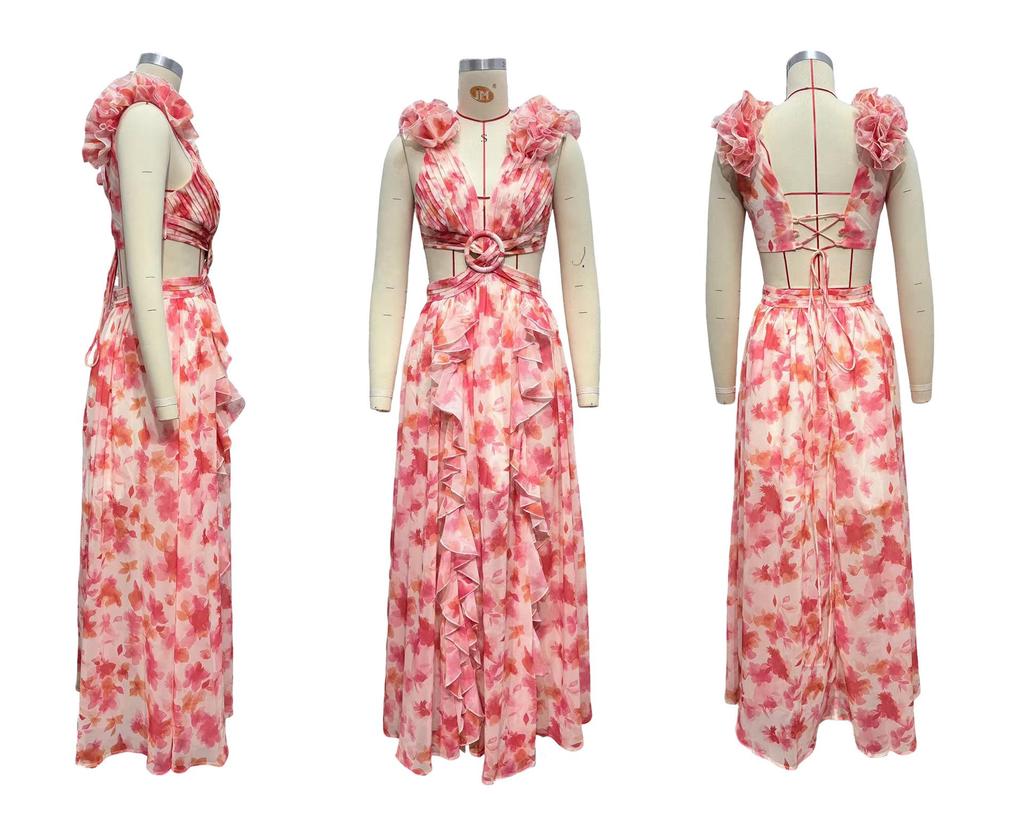 European & American Women's Floral Slimming V-Neck Ruffle Holiday Dress