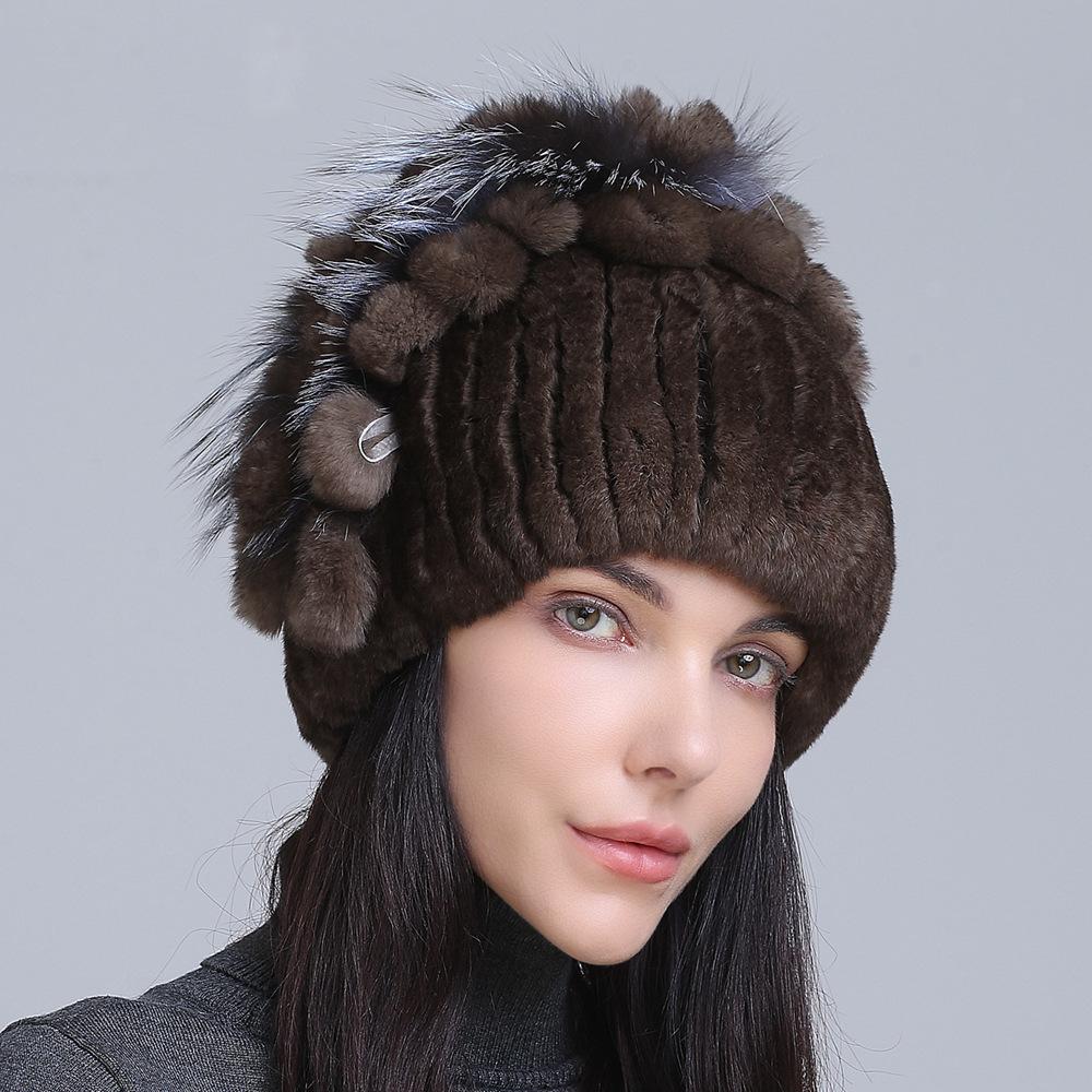 Winter Women's Warm Fashion Thick Wool Hat Rex Rabbit Fur Hat Knitted with Side Flower Hat