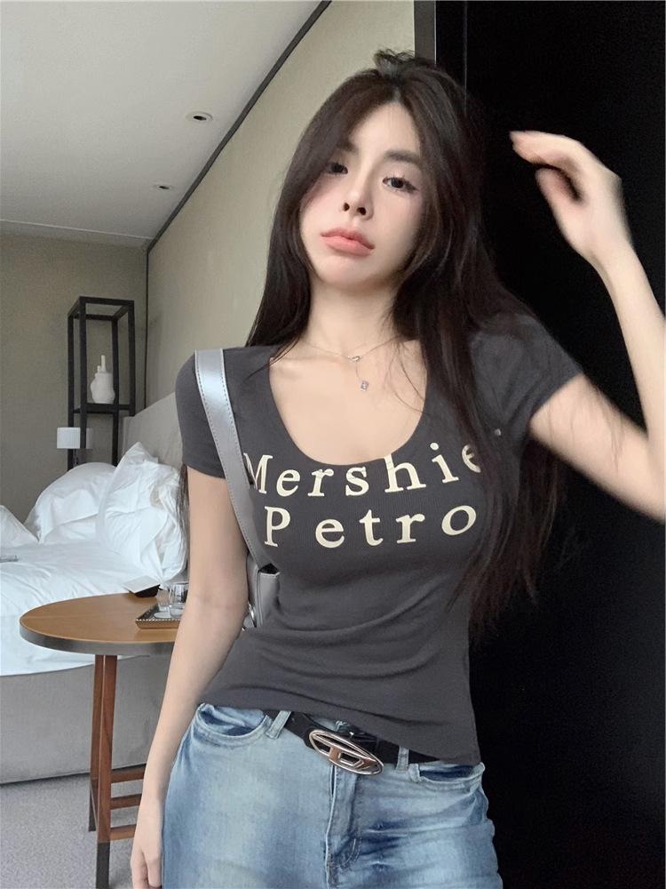 

Letter print u-neck short-sleeved T-shirt women s summer pure desire wind shoulder short bottoming top XXL темно-сірий