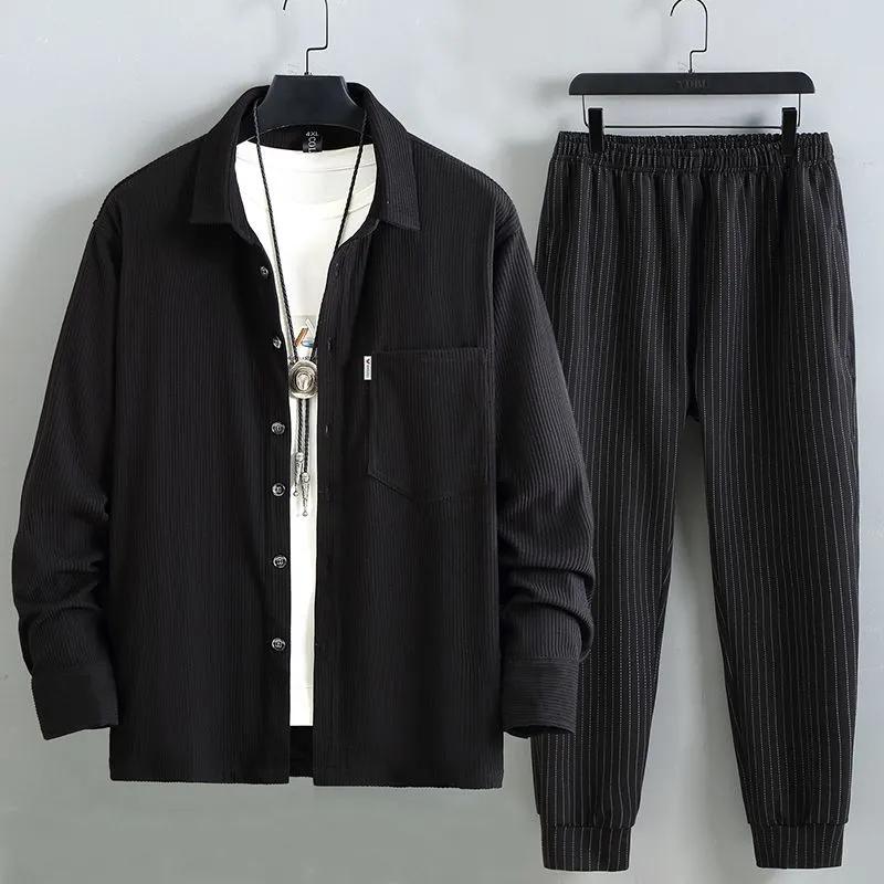 Enlarged Japanese Vertical Striped Shirt Jacket Suit Men's Spring and Autumn Casual Striped Two-piece Suit