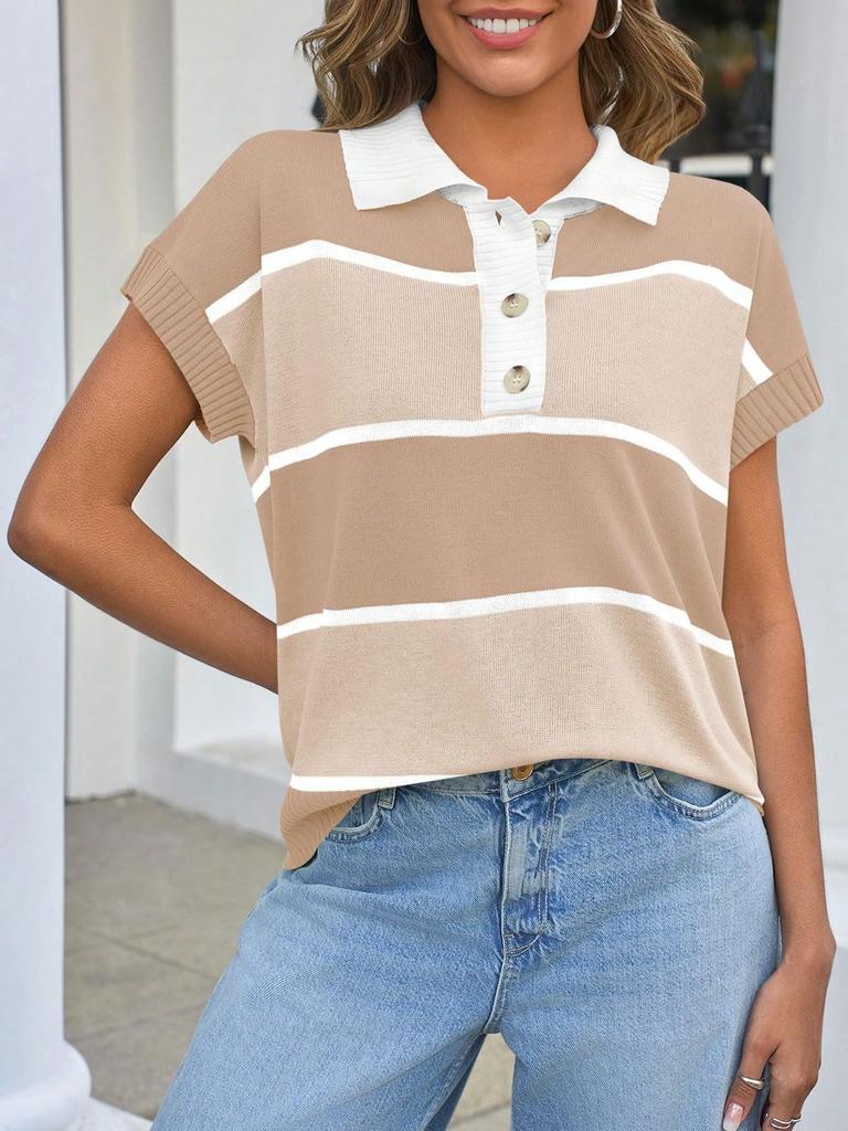 Women's Striped Short Sleeve Knit Sweater V Neck Button Down Color Block Loose Top