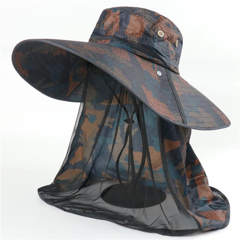Camouflage Bucket Hat Outdoor Visor Oversized Brim Mosquito-proof Mesh Shawl Sun Protection Fishing Hat Sun Hat