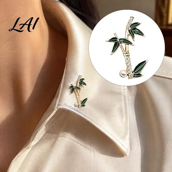 Green Leaf Bamboo Jewelry Alloy Rhinestone Brooch Enamel Lapel Collar Pin Men Chinese Style Decorative Accessory Women Accessories for Suit
