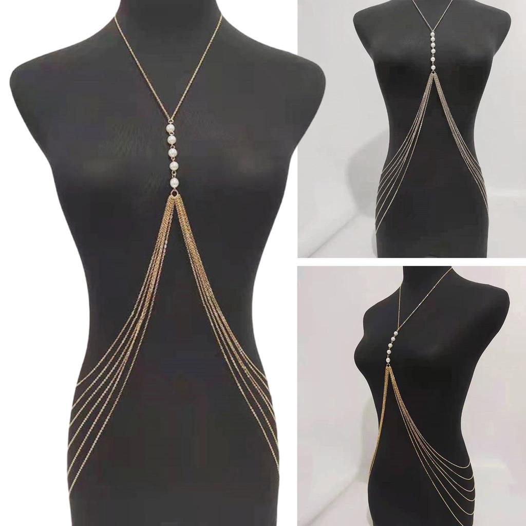 Fringed Pearl Chest Chain for Party Adult Women Shoulder Chain Necklace Eye Catching Body Chain Beach Party Body Jewelry