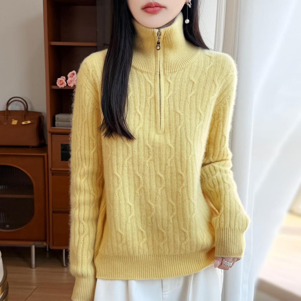 Women's Thick Wool Lapel Sweater: Autumn Winter, Half-Zip, Cable Knit, Long Sleeve Base Layer