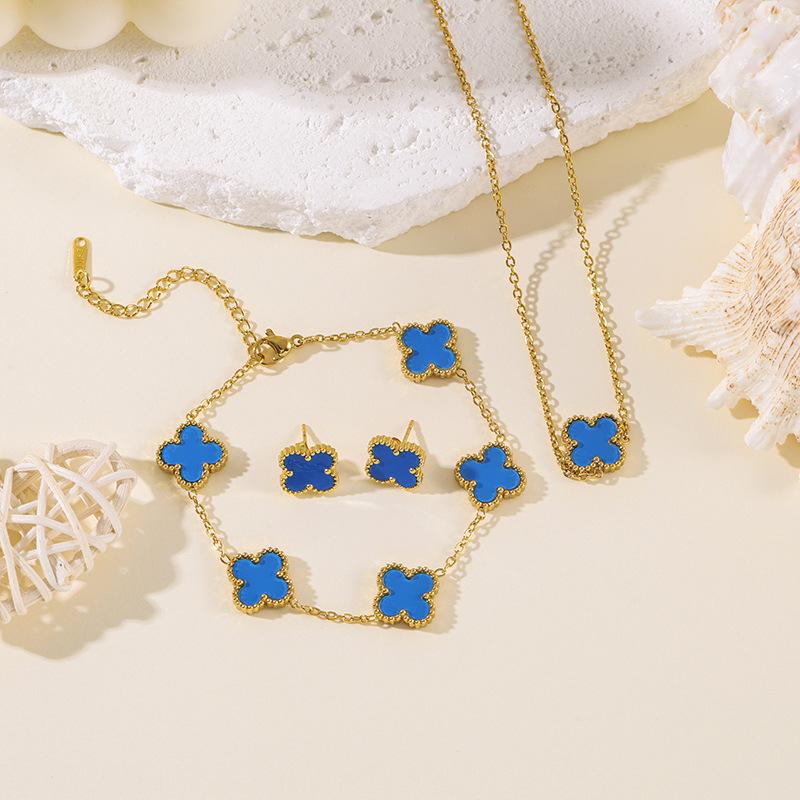 4PCS 13MM Double-Sided Mother-of-Pearl Lucky Four-Leaf Clover Bracelet, Earrings and Ring Four-Piece Women's Jewelry Set
