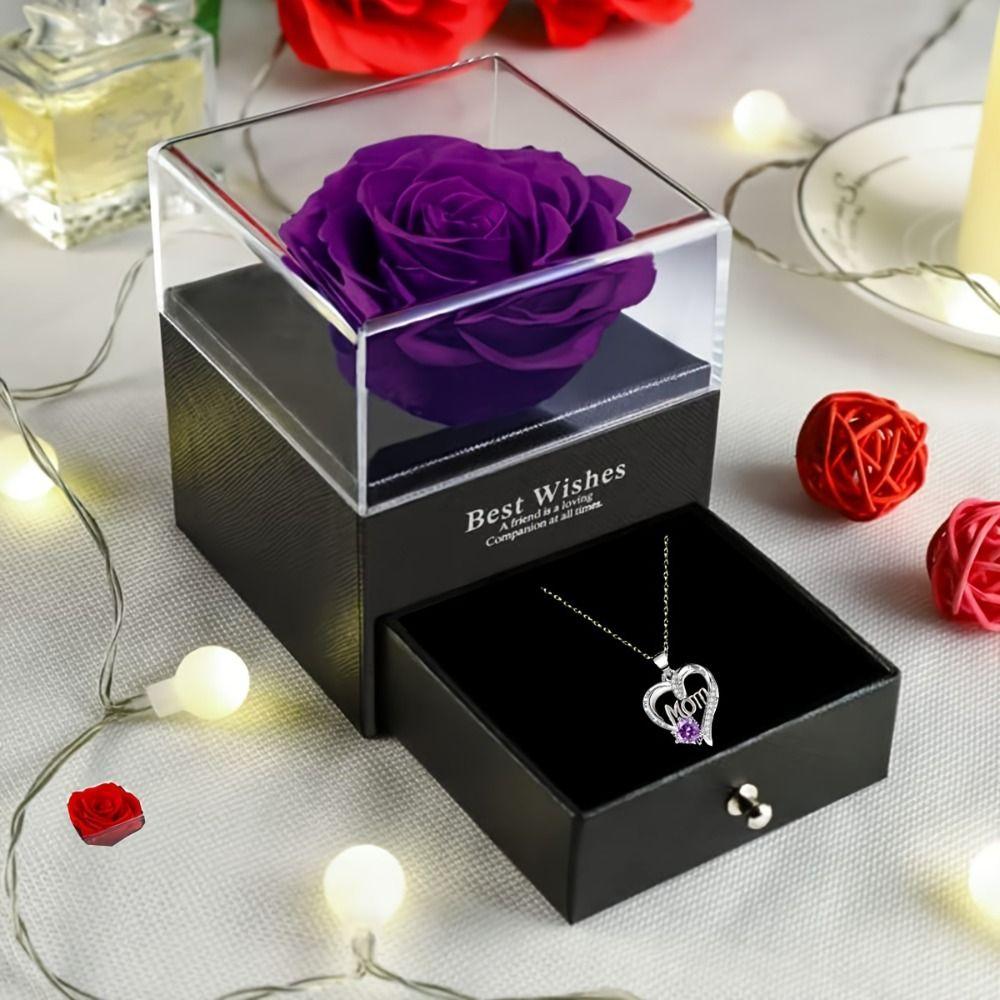 Romantic Heart Pendant Necklace with Artificial Rose Jewelry Gift Box Mother's Day Gift
