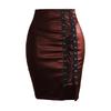 European and American Women's Black Faux PU Leather High Waist Eyelet Midi Skirt
