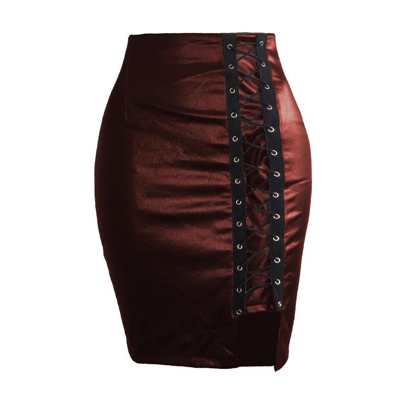European and American Women's Black Faux PU Leather High Waist Eyelet Midi Skirt