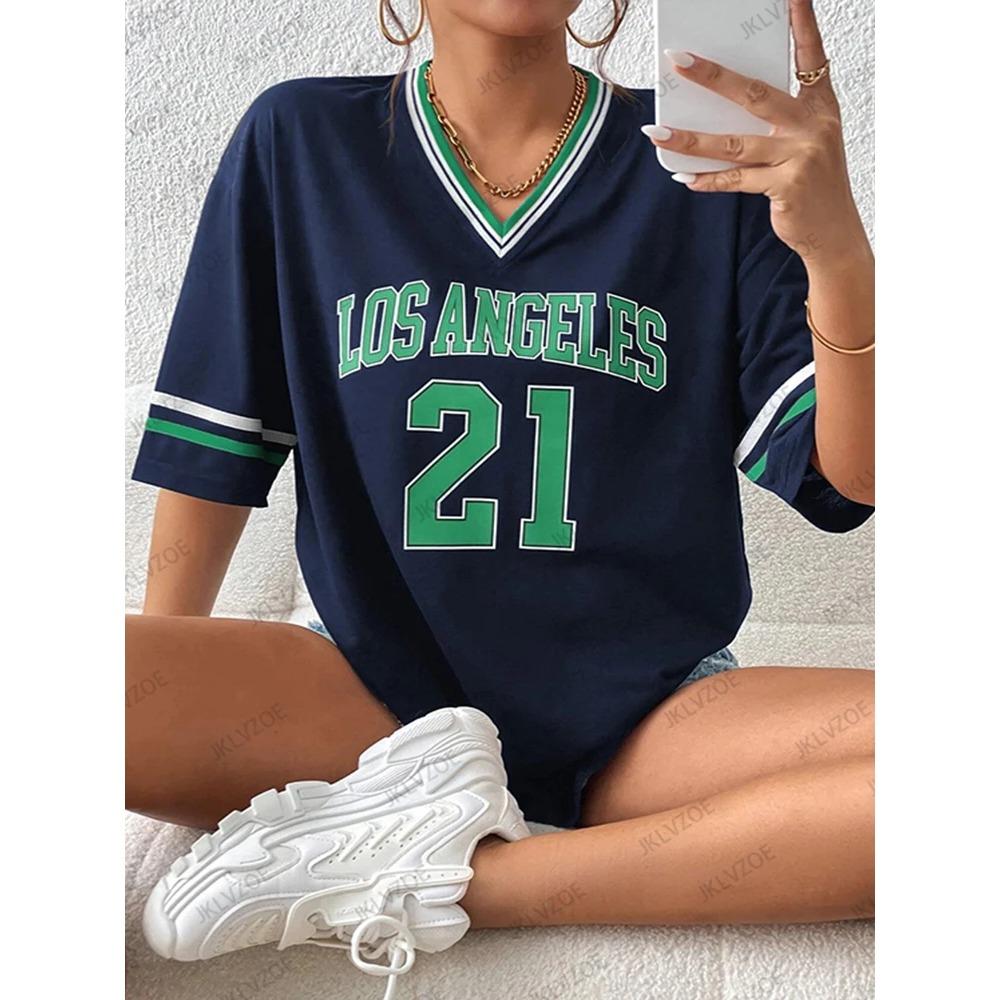 Nuova T-Shirt Stampata Los Angeles N.21 da Donna Estate Scollo a V Manica Corta Sportiva Maglia da Calcio Y2K Top Larghi Oversize