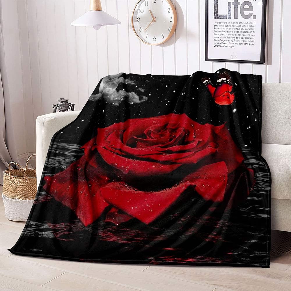 Red Roses Water Droplets Flannel Throw Blanket Valentine's Day Gift for Girls Women King Queen Size for Couch Sofa Living Room
