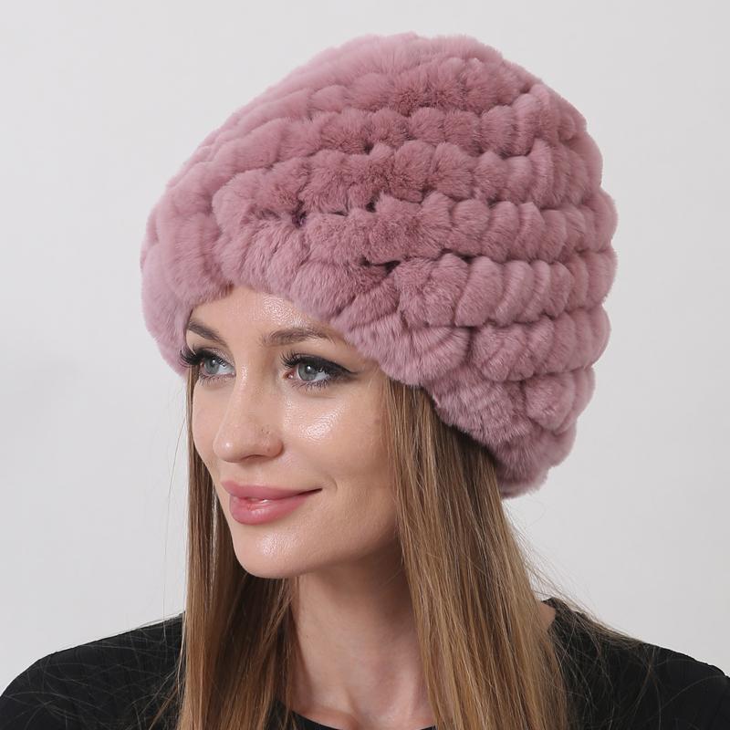 New Warm Real Fur Hat Winter Women Rex Rabbit Fur Thick Double Layer Lining Outdoor Women Beanie Cap Pineapple Round Hats