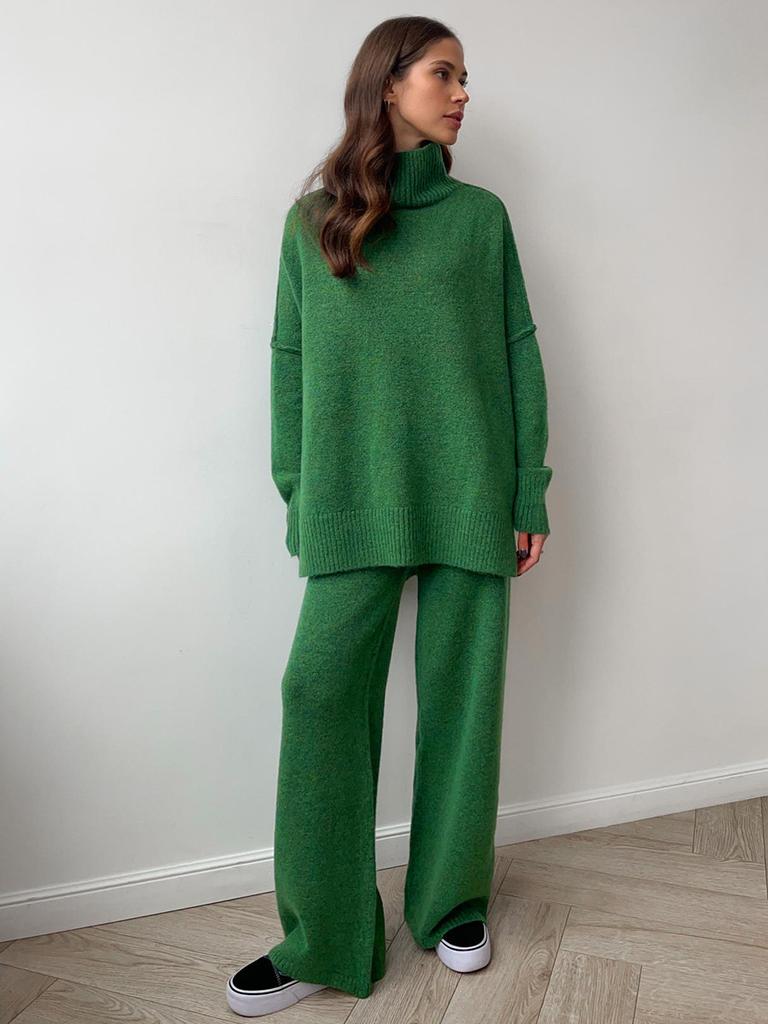 Completo Invernale da Donna in Maglia a 2 Pezzi Maglione Collo Alto Oversize Largo Pantaloni a Gamba Larga Caldo Outfit Casual