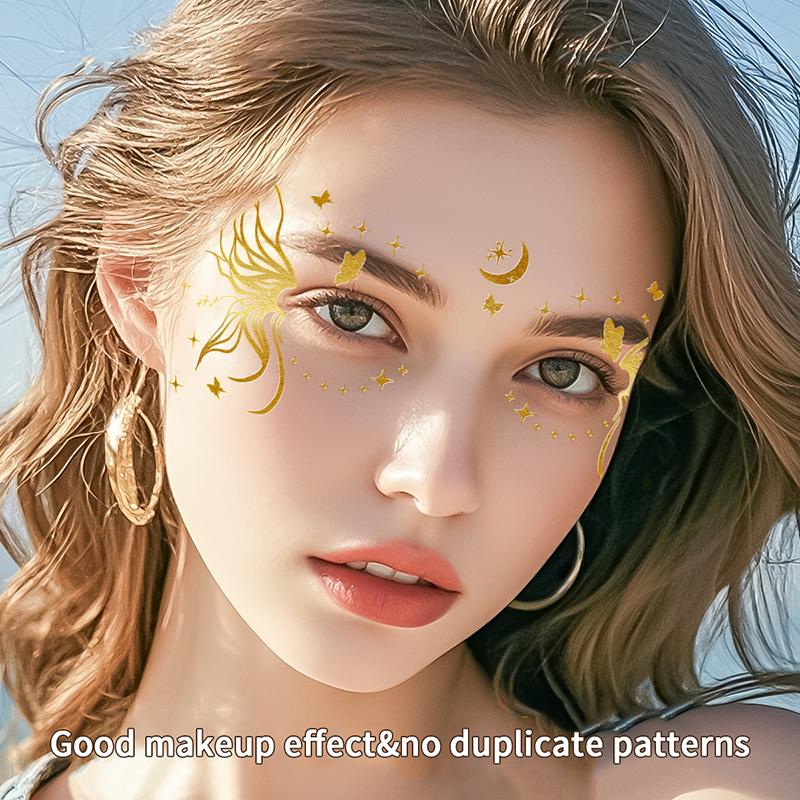 Face Tattoo Flash Gold Temporary Metalic Tattoos Waterproof Makeup Decals For Girls Party Festival Butterfly Glitter Stickers
