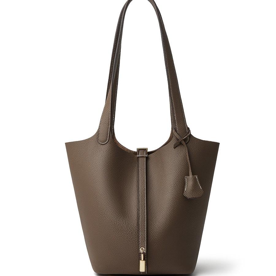 Extra Large Gold Buckle Top Layer TOGO Leather Bucket Bag Large Capacity Handheld Shoulder Bag Shopping Basket Bag