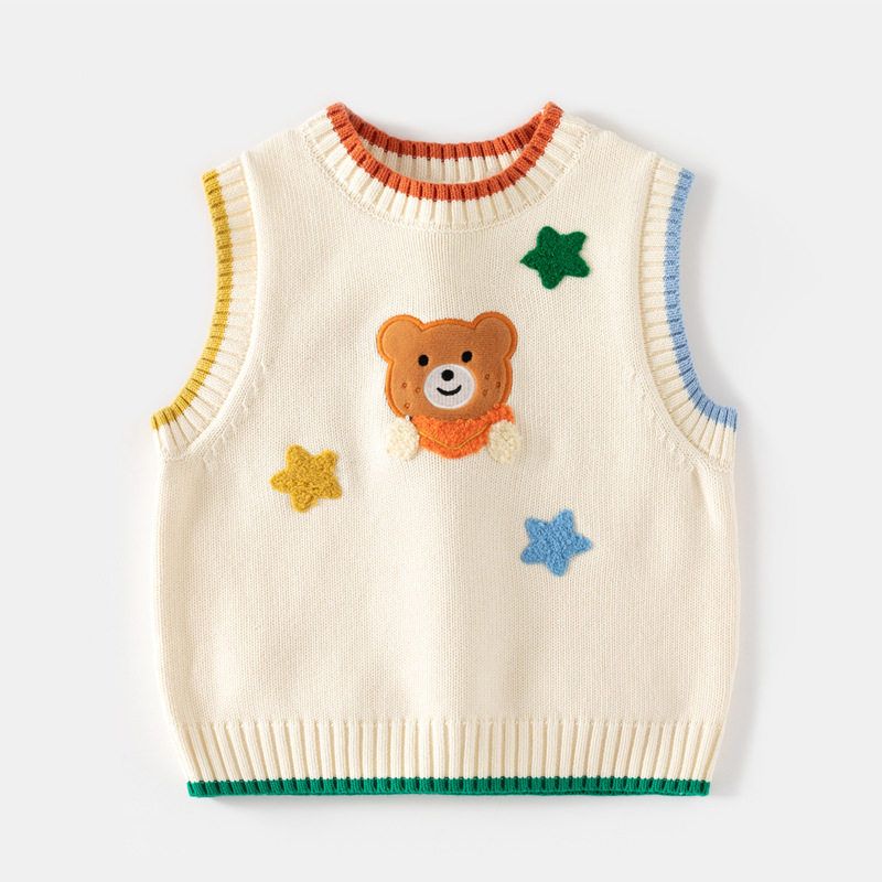 Children s Wool Vest, Boy s Sweater, Sleeveless Pullover, Girl s Cartoon Bear Top, Baby Vest, Knitted Sweater Beige 130