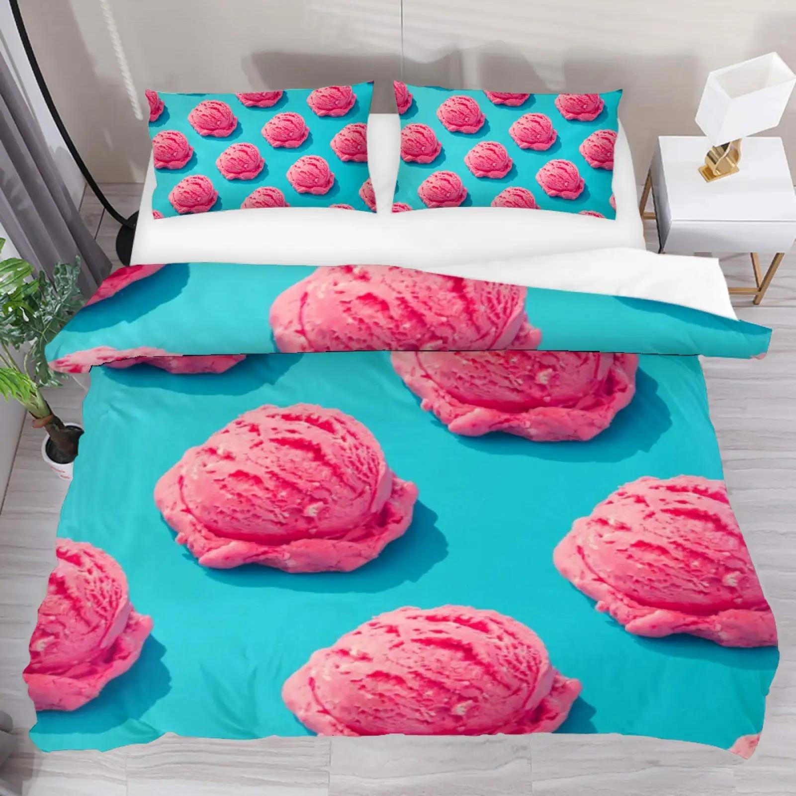 

3D Ice Cream Flower Soft Duvet Cover Carton Desert Fod Style Background for Women Kid Girl Gift Bedrom Decoration King Quen Sized Dimensions 120*200cm Single
