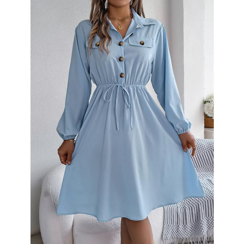 Autumn and Winter Casual Button Lace Waist Long-sleeved Shirt Skirt, Elegant Temperament Ladies Long-sleeved Dress Commuter All-match