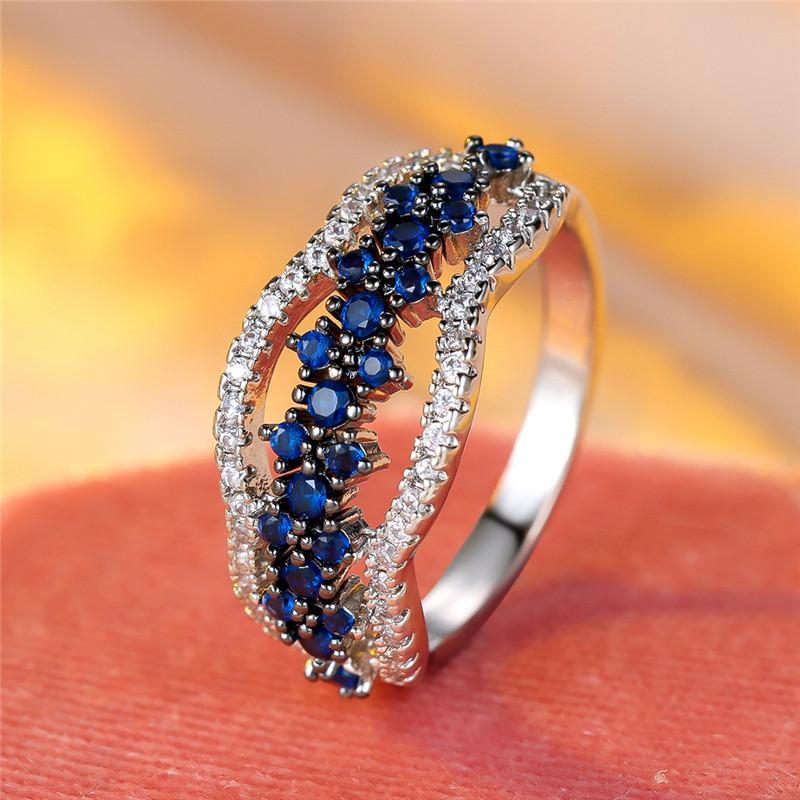 Cute Female Small Blue Round Zircon Stone Ring Charm Silver Color Wedding  For Women