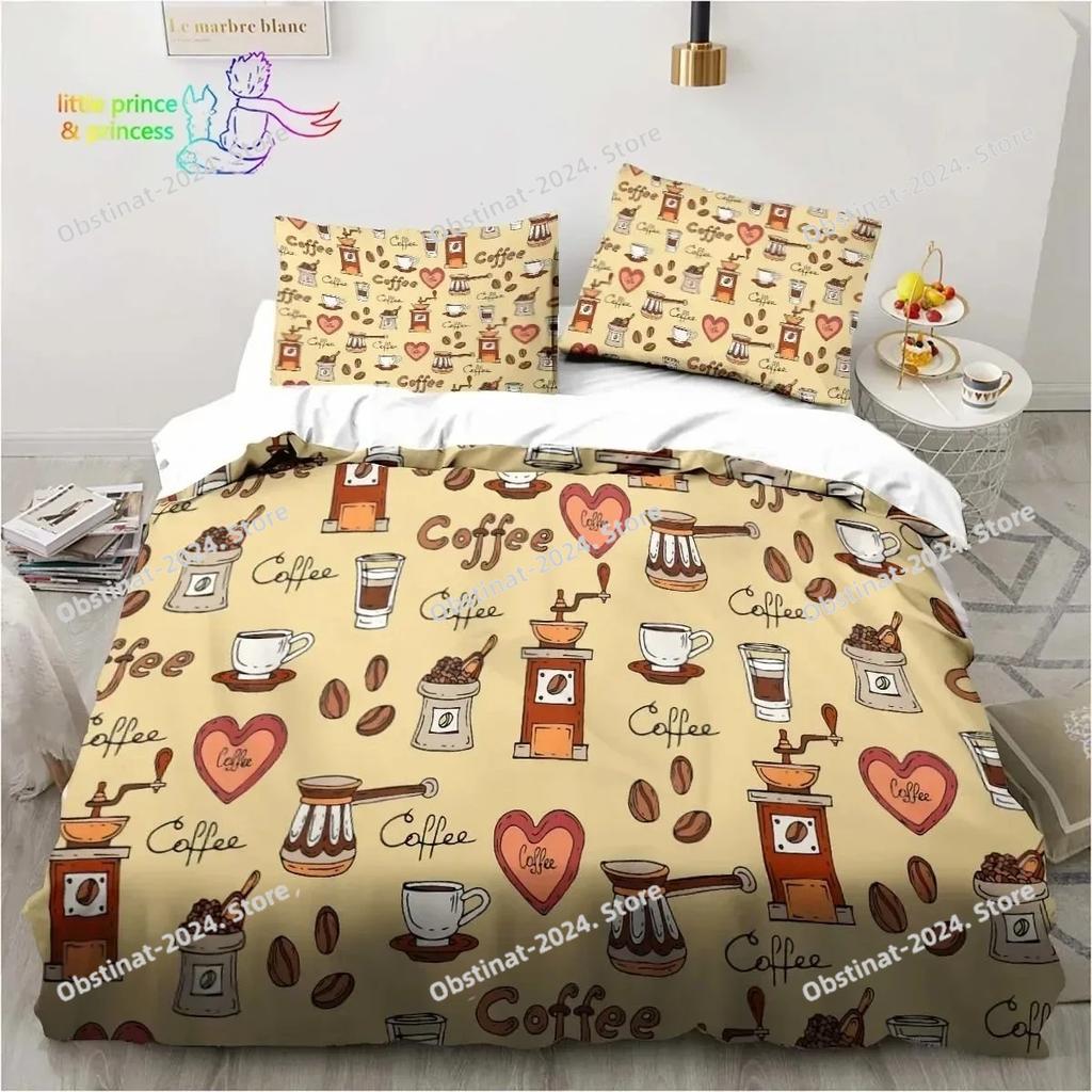 Coffee Pattern Bedding Set Printed Duvet Cover Sheet Pillowcase Bed Soft Quilt Cover Full Queen King Size Adult Kid Bedroom Gift
