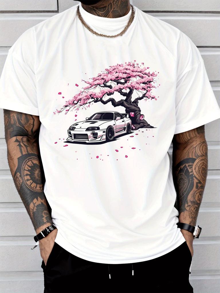 Unisex Summer White T Shirt Japanese Cherry Blossom JDM Car Graphic Tee Casual Streetwear Crew Neck Loose Fashion Daily Tops