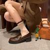 Cowhide Version~ Small Leather Shoes British Style Women's High Versatile Round Head Gold Buckle One Pedal Thick Heel Loafers Uniform Single Shoes