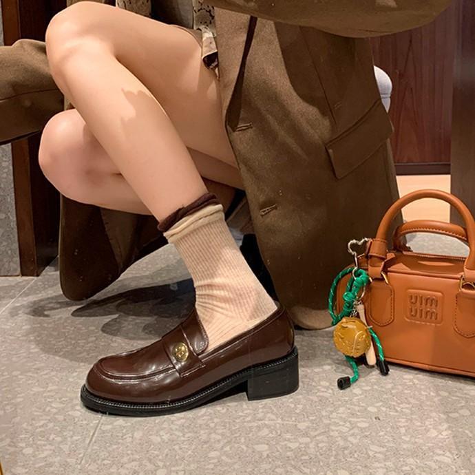 Cowhide Version~ Small Leather Shoes British Style Women's High Versatile Round Head Gold Buckle One Pedal Thick Heel Loafers Uniform Single Shoes