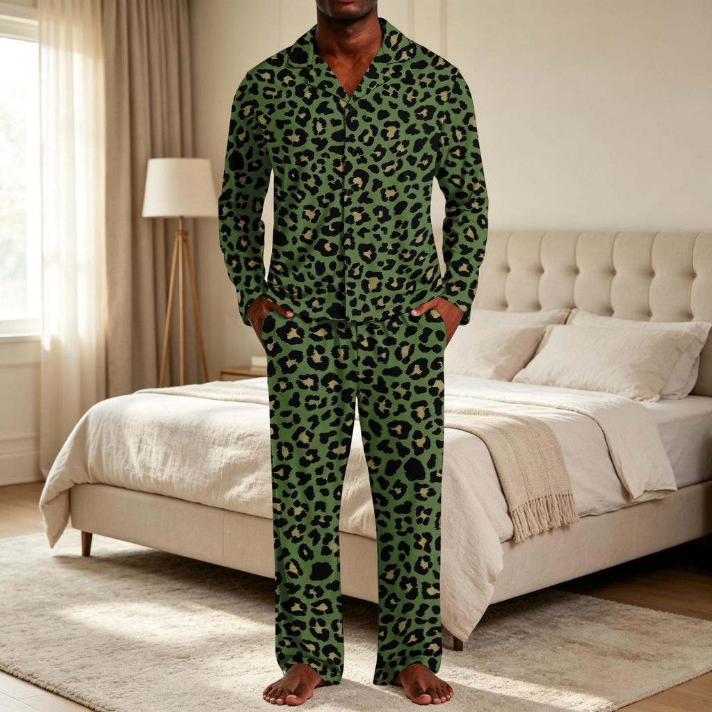 Pigiama Casual da Uomo a 2 Pezzi con Stampa Leopardo, Top con Bottoni e Vestibilità Larga, Pantaloni a Gamba Dritta
