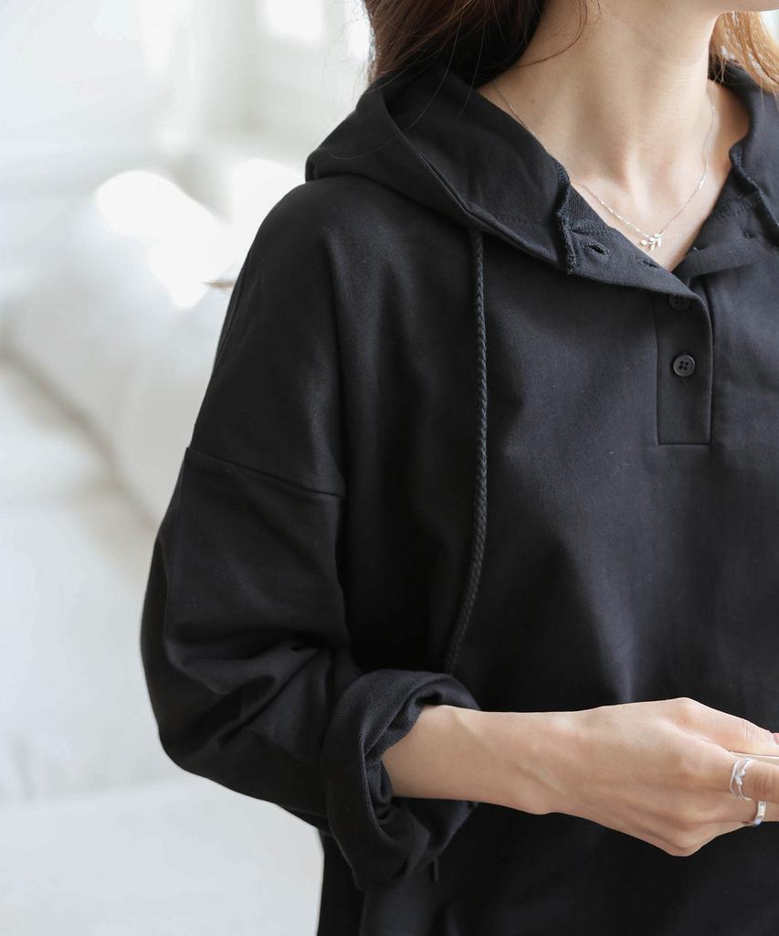 Loose-Fit Drawstring Button Long-Sleeve Hoodie