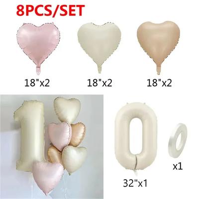 8 Stück Creme Farbe Zahl Herz Folienballons Happy Birthday Party Dekorationen Kinder Mädchen Junge 1 2 3 4 5 6 7 8 9 Jahre Alt Zubehör