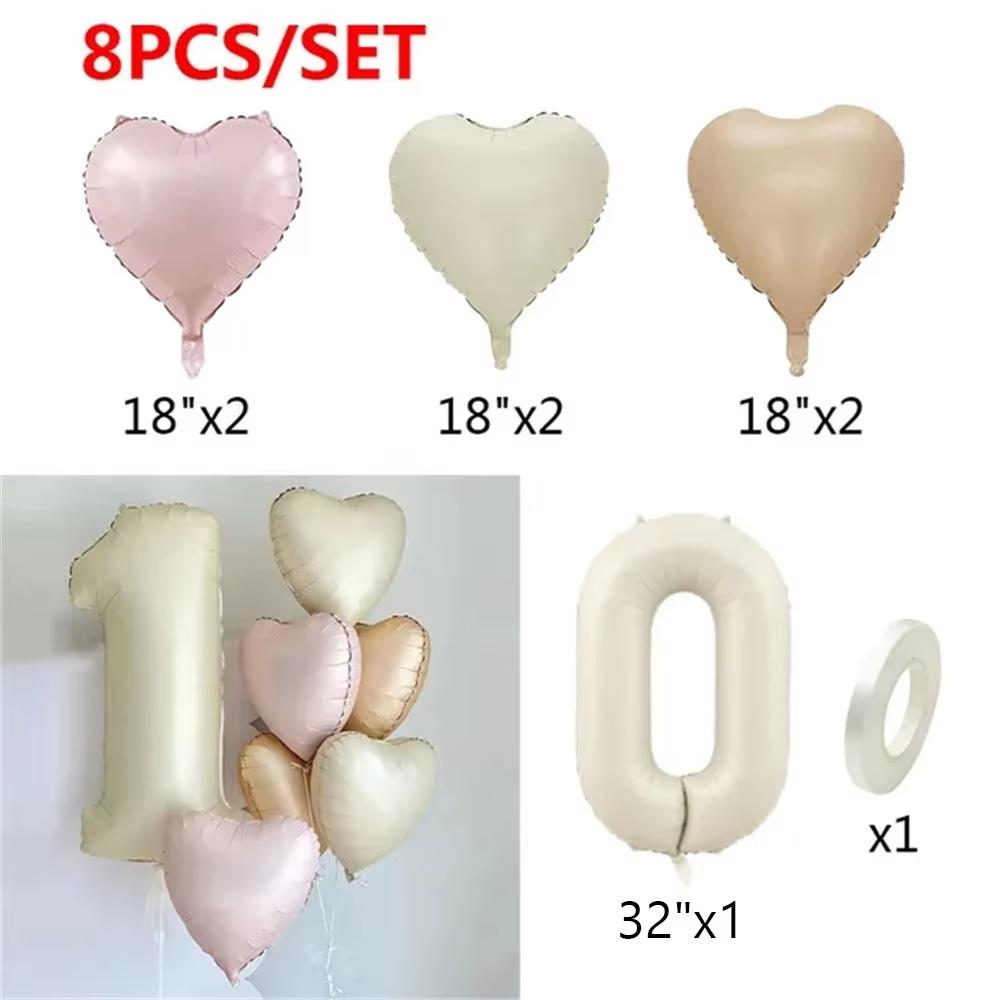 8pcs Cream Color Number Heart Foil Balloons Happy Birthday Party Decorations Kids Girl Boy 1 2 3 4 5 6 7 8 9 Year Old Supplies