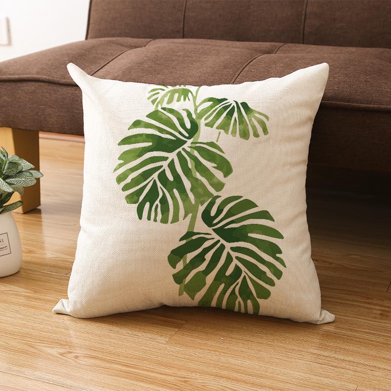 Tropical Green Leaf Linen Pillowcase - Nordic Style Sofa Cushion Cover