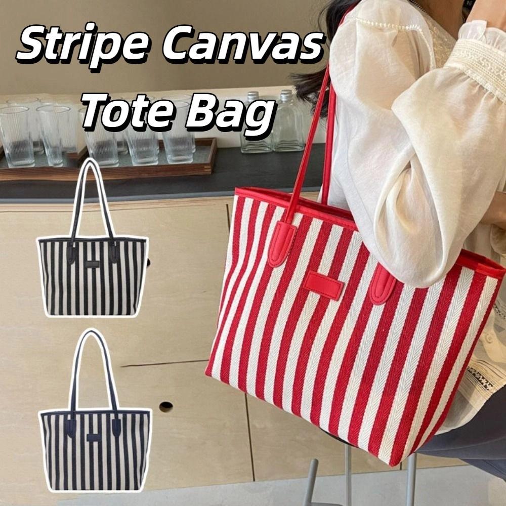 Korean Style Shoulder Bag Zipper Shopping Handbag Simple Stripe Canvas Tote Bag  Women