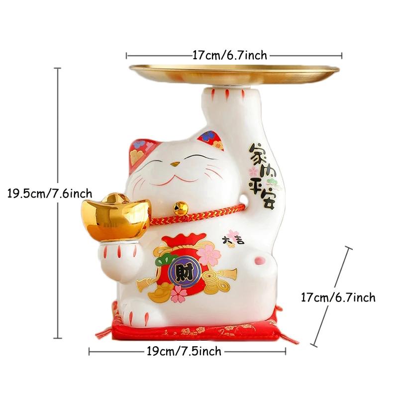 

Ceramic Lucky Cat with Storage Tray Maneki Neko Cat Statues Sculptures Key Holder Modern Figurine for TV Cabinet Home Decoration білий