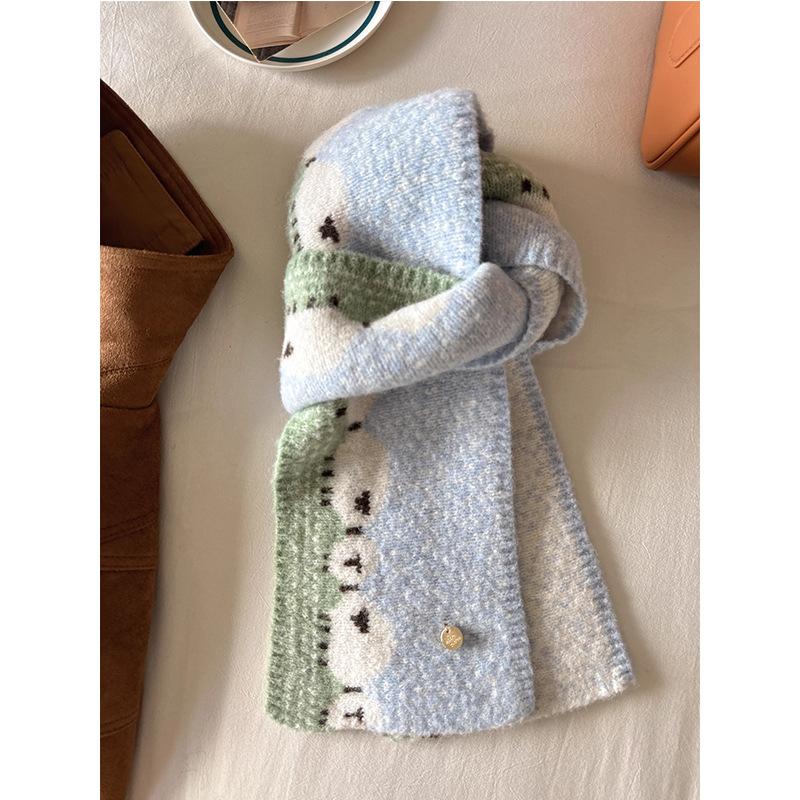 

Cute Lamb Jacquard Knitted Scarf for Female Autumn and Winter Fashion Simplicity Students Knitted Warm and Cold Resistant Scarf светло-синий