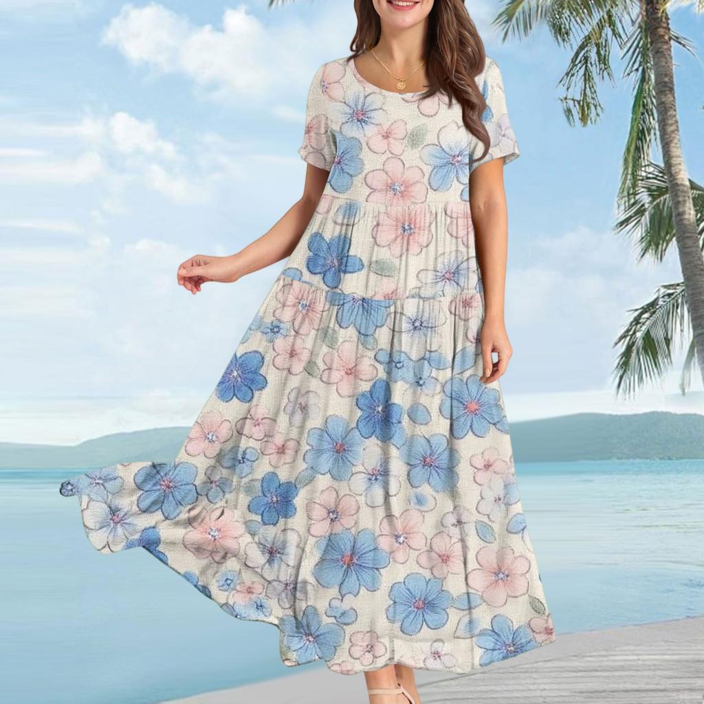 Women's Casual Loose Bohemian Floral Print Short Sleeve Dress
