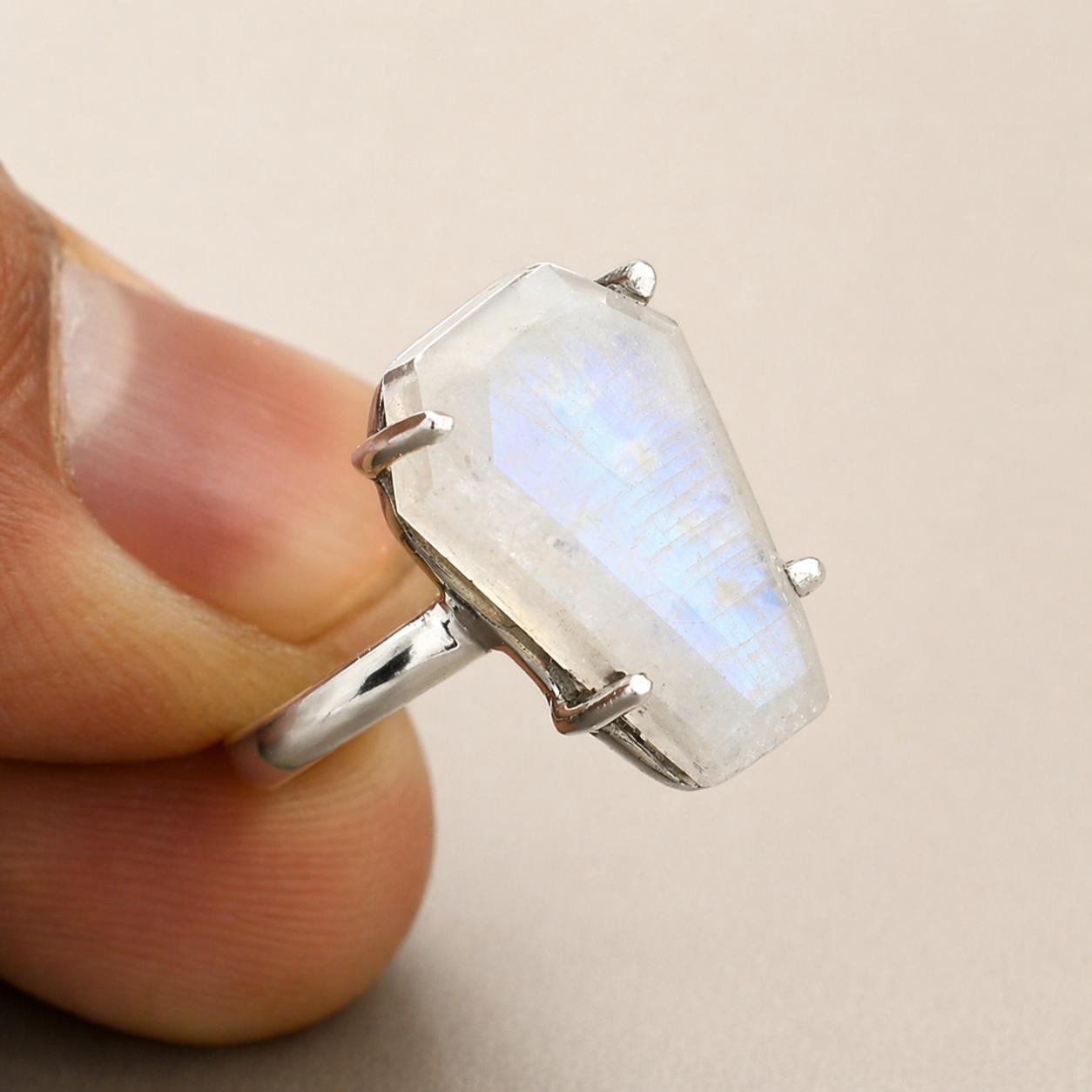 

Rainbow Moonstone Coffin Ring, 925 Sterling Silver Statement Ring, Boho Coffin Gemstone Ring, Minimalist Handmade Jewelry 4 серебряный