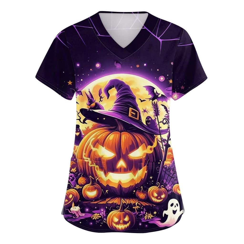Women's V-neck Halloween Printed Short-sleeved Pocket Side-slit Protective Suit Top