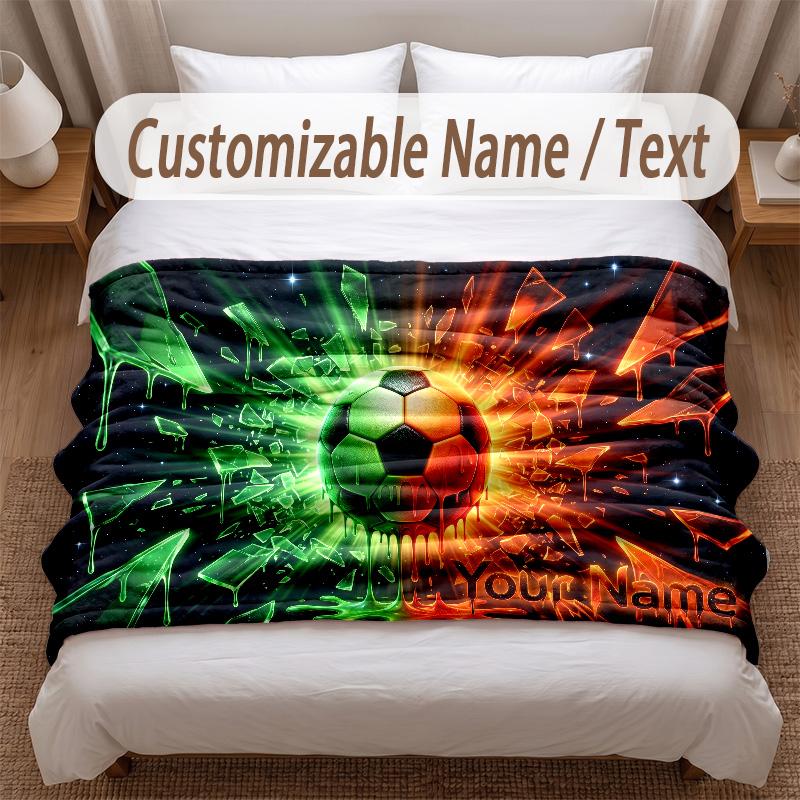 Soccer Theme Soft Blanket Personalized Custom Name Text Print Warm Blanket Home Sofa Bedroom Decor