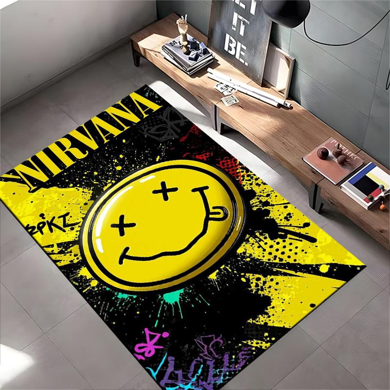 Nirvana Smiley Face Graffiti Style Carpet, Yellow and Black Design Suitable for Use As an Anti-slip for Living Room Bedroom Sofas
