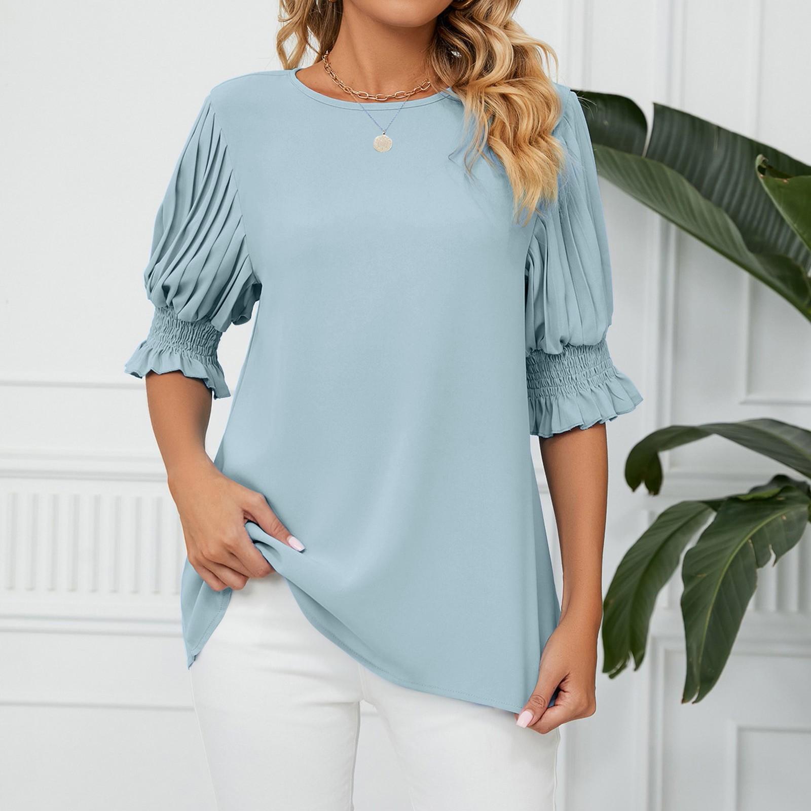 

Женский модный однотонный свободный шифоновый топ с круглым вырезом и рюшами и рукавами принцессы L