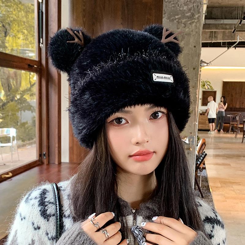 Căciulă de pluș cu coarne de cerb coreeană pentru femei - Ediție de Crăciun, Tricot gros și călduros pentru toamnă/iarnă, Stil dulce japonez