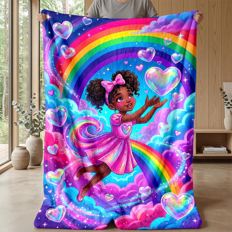 Rainbow Heart Fantasy Theme Blanket Lightweight Warm Flannel Blanket Decorative Throw Blanket for Home Decoration