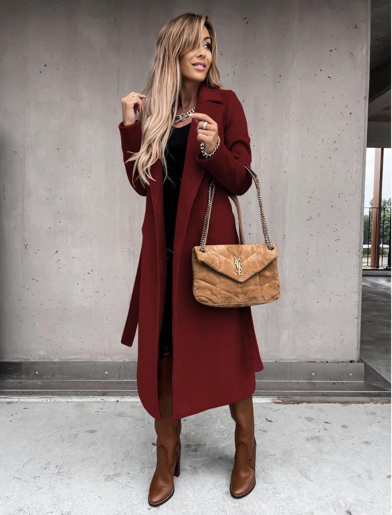 2024 Women's V-Neck Long Woolen Coat: Stylish Spring/Autumn Overcoat with Tie