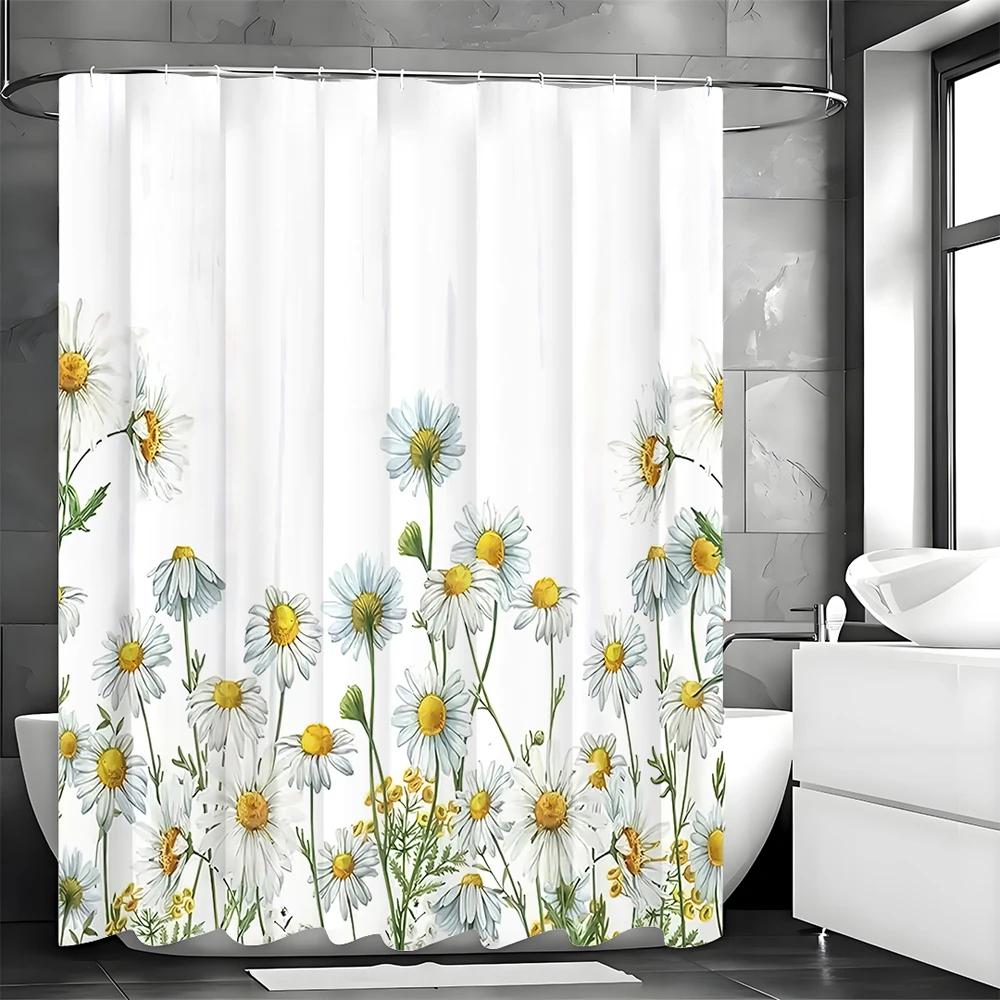 Kleine Gänseblümchen Blumiges Duschvorhang, Dekorative Duschvorhang für Badezimmer, Wasserdichter Duschvorhang mit Haken