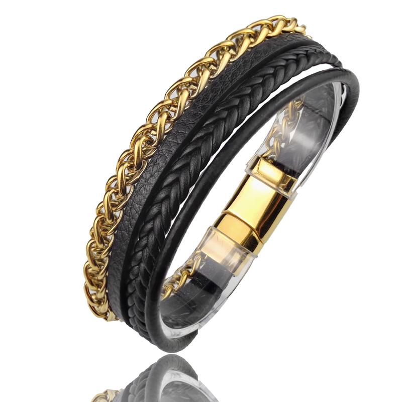 High Quality Stainless Steel Leather Bracelets For Men Six Color Punk Curb Cuban Link Chain Bracelets On the Hand Jewelry Gifts