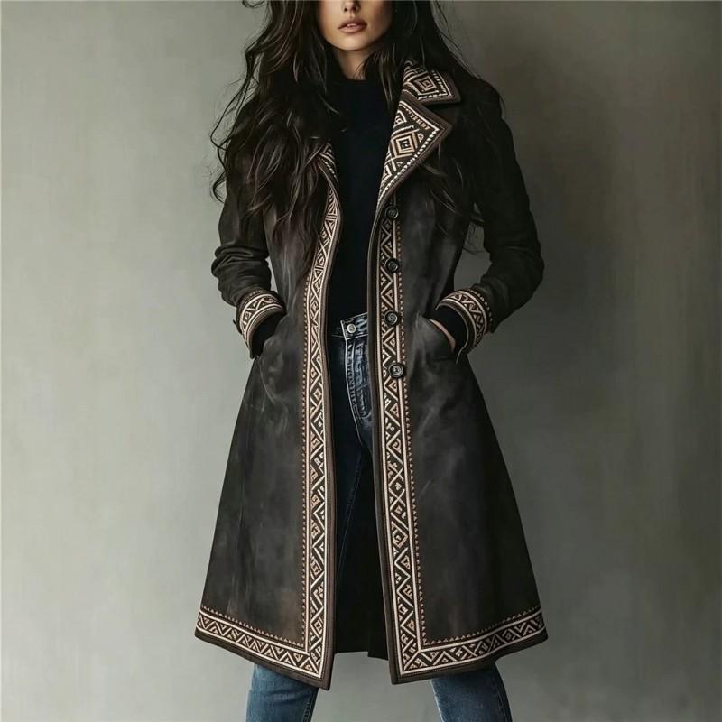 2026 Fall Winter Womens Faux Suede Trench Coat Printed Turn Down Collar Loose Fit Outerwear