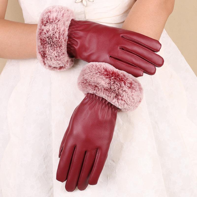 Warm leather gloves fleece thickened women's imitation rabbit fur mouth gloves leather touch screen autumn and winter gloves